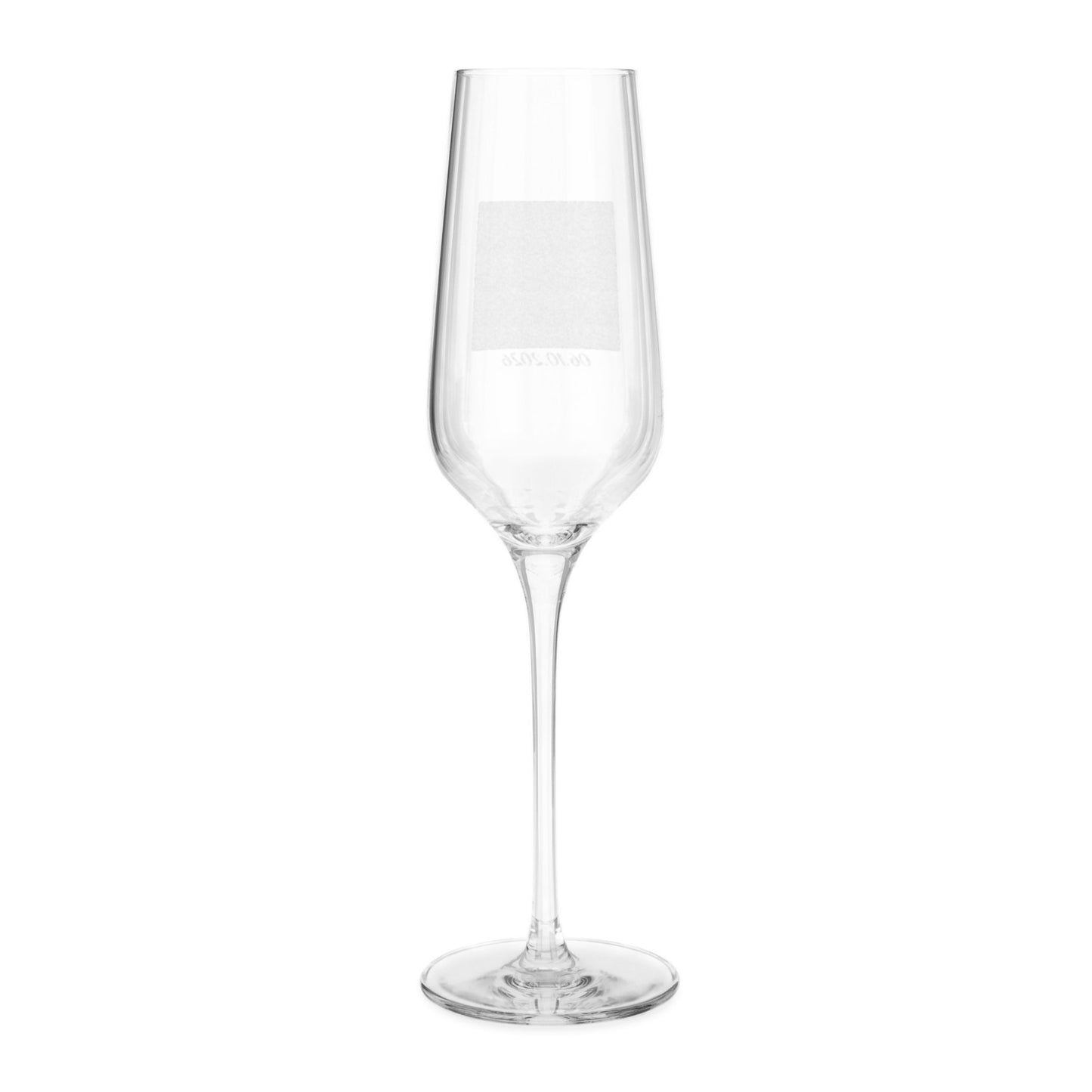 A clear glass champagne flute with a long stem and round base, shown on a plain white background.