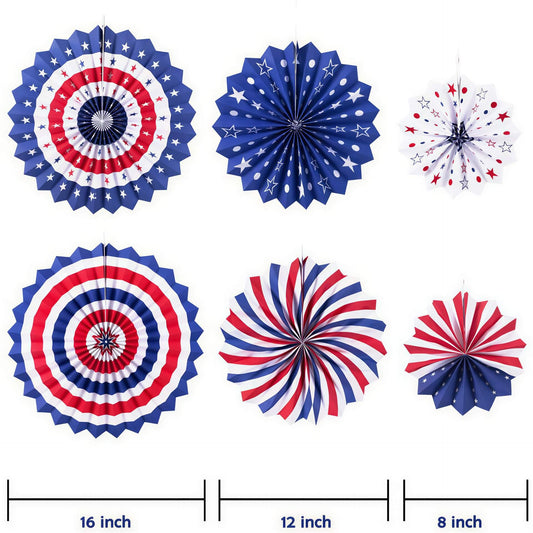 Set of red, white, and blue paper fan decorations with sizes indicated.
