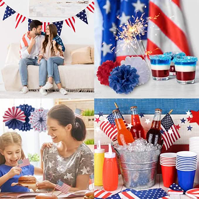 Collage of images celebrating a patriotic event with flags, drinks, and people.