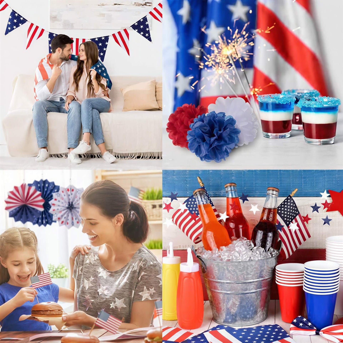 Collage of images celebrating a patriotic event with flags, drinks, and people.