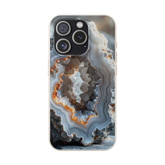 A clear iPhone case featuring a detailed geode and agate stone pattern with swirls of gray, white, brown, and orange, shown on a white background.