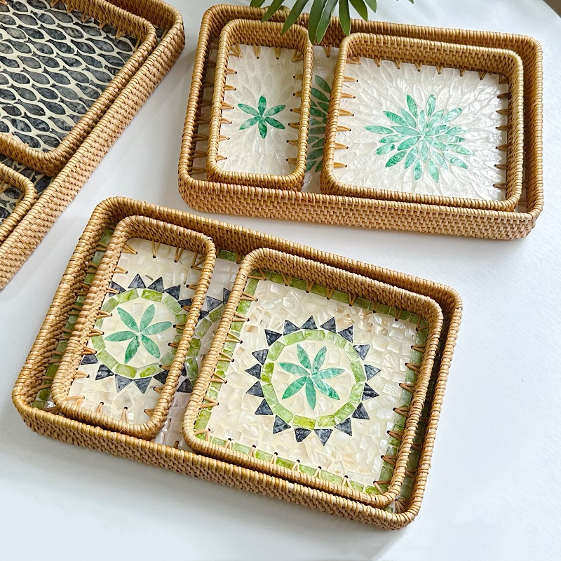 Rattan Mother of Pearl Rectangular Tray
