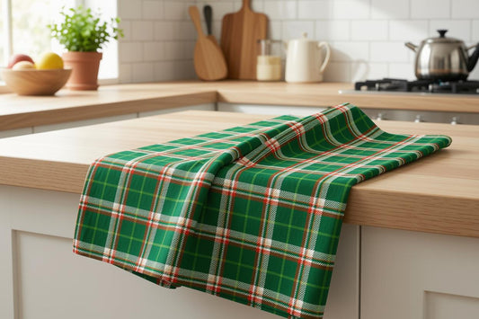 Green Plaid Tea Towel – Holiday Kitchen Decor, Classic Tartan Dish Towel