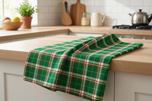Green plaid fabric tea towel with white and red stripes draped over a light wood kitchen counter.