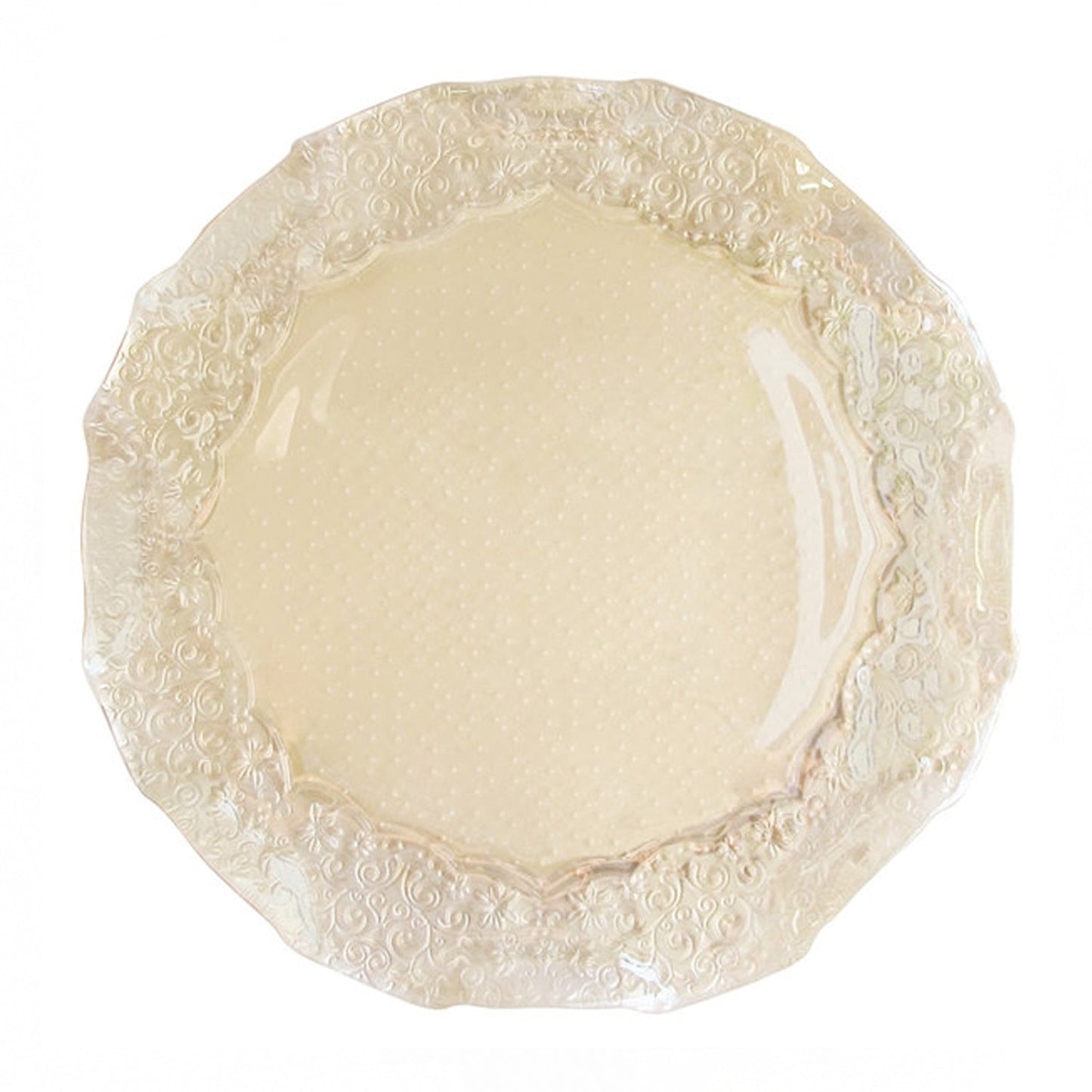 Decorative charger plate in pearl finish.