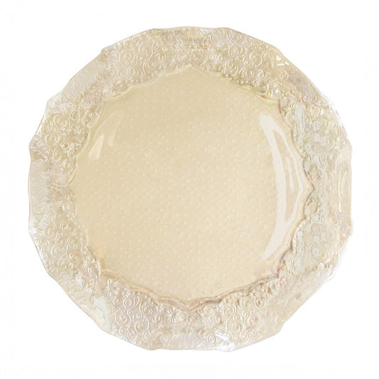 Decorative charger plate in pearl finish.