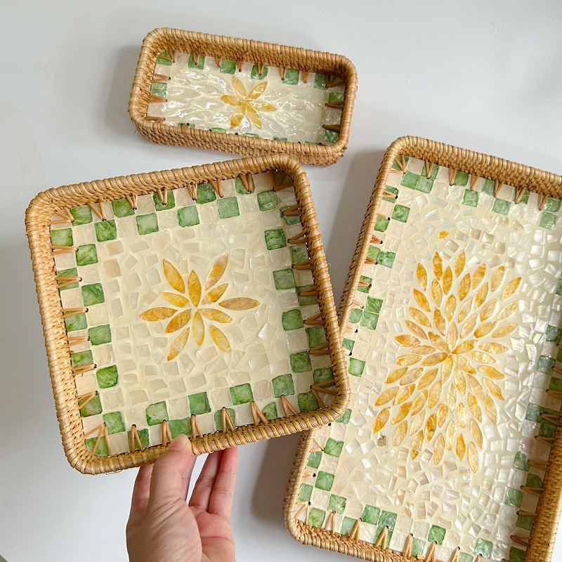 Rattan Mother of Pearl Rectangular Tray