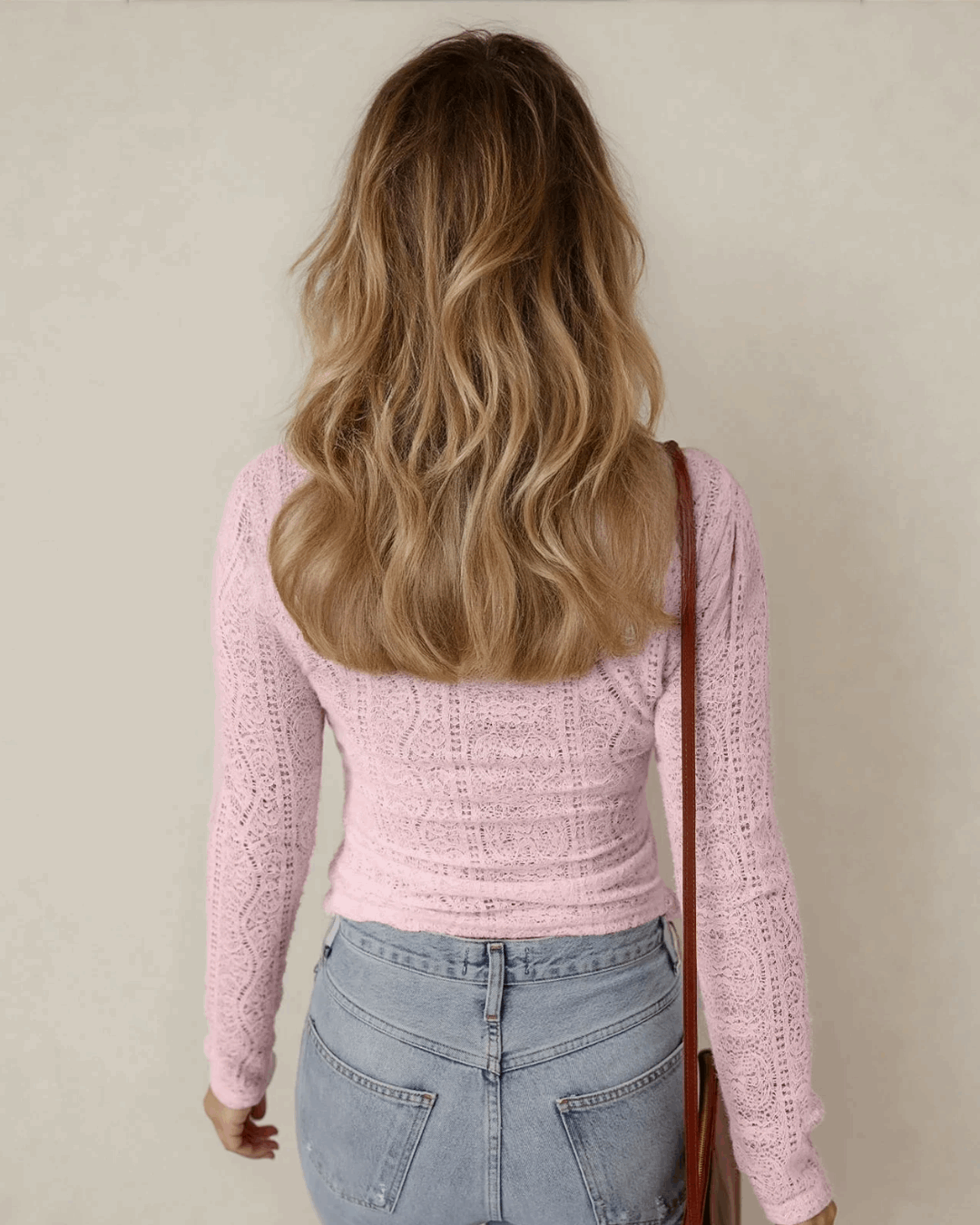 Juliette Semi Sheer Lace Long Sleeve Cropped Top - Light Pink
