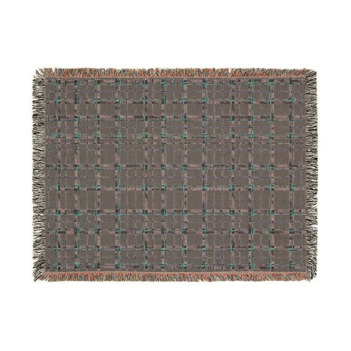 Reverse side of a rectangular woven throw blanket with fringe on all sides, featuring a muted brown and gray plaid pattern with small turquoise and rust-orange accents.
