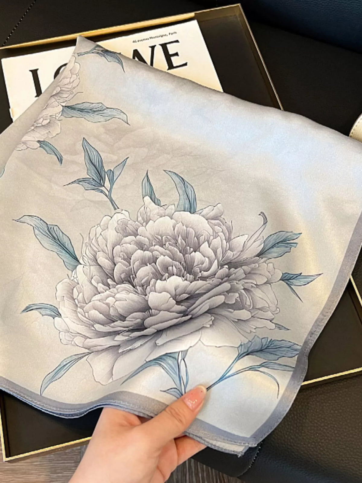 Silk square scarf in a floral print, flat view of the full 27.6-inch square