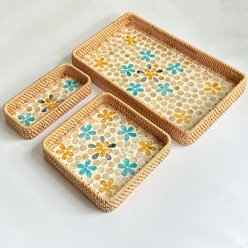 Rattan Mother of Pearl Rectangular Tray
