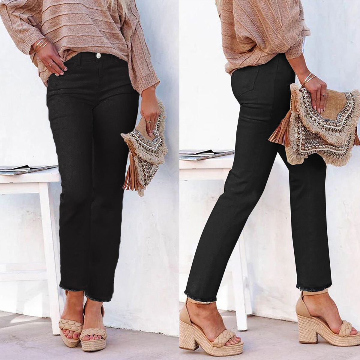 Women's Straight Leg Ankle-Length Raw Hem Jeans, High-Elasticity Denim