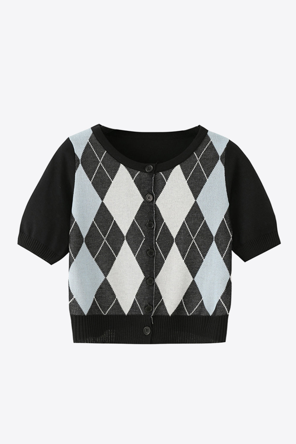 Argyle cardigan with ribbed collar styled for a casual preppy outfit