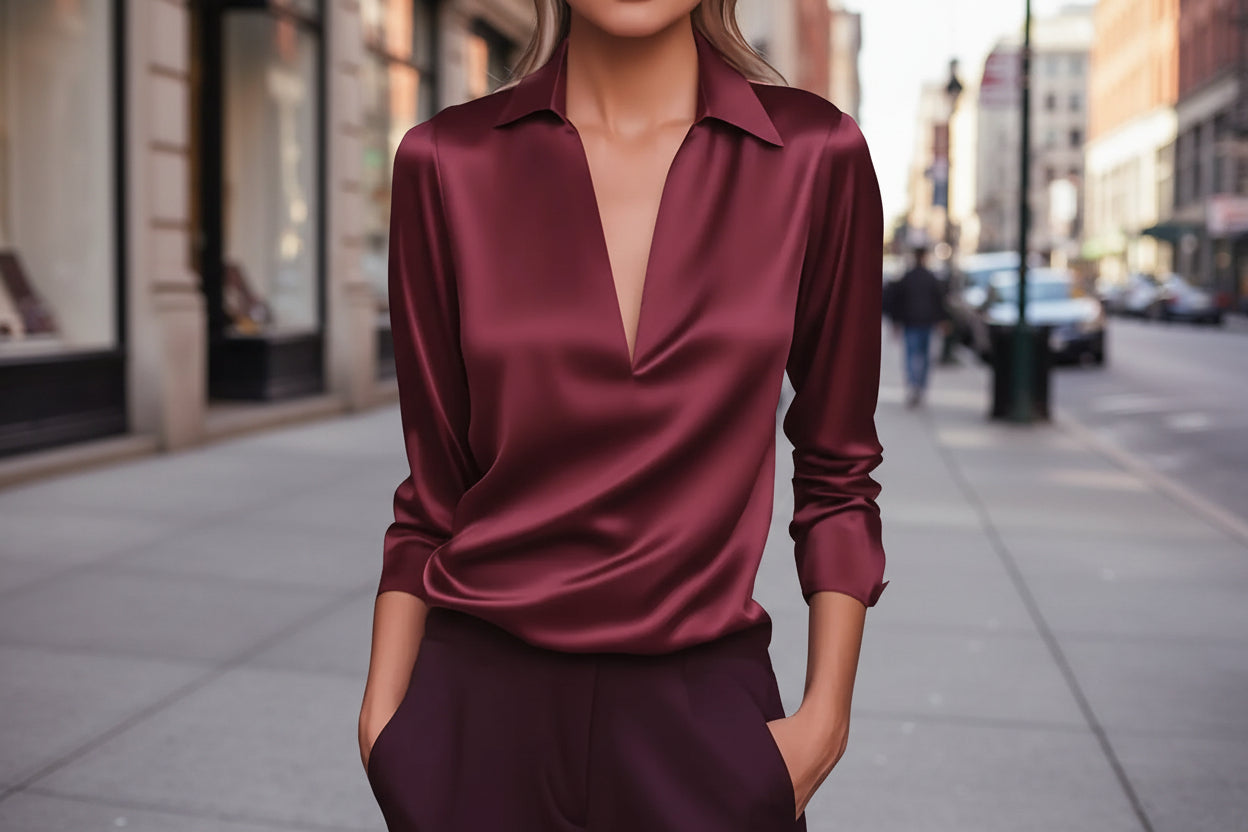 Person wearing a burgundy satin shirt on a city street