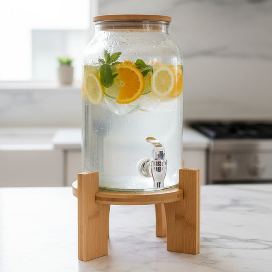 Clear glass beverage dispenser with a wood lid and stand, filled with water, citrus slices, and mint.