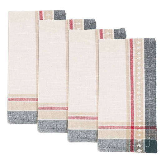 Four folded woven napkins arranged in a staggered stack on a white background. The napkins feature a cream body with a vertical plaid stripe pattern in dusty red, beige, gray, and a dark teal accent.