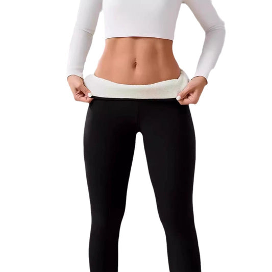Black fabric leggings with a thick white fleece lining folded down at the waistband.