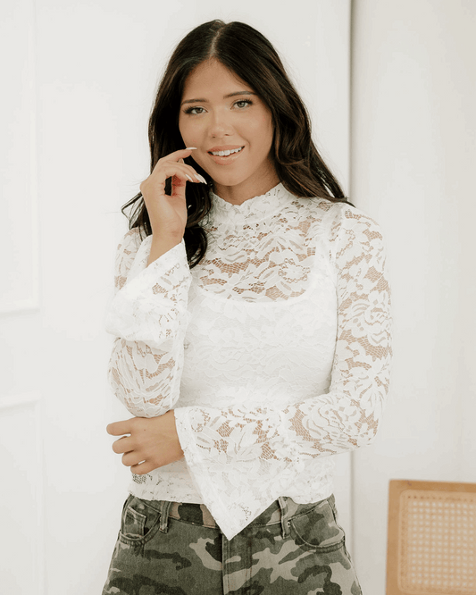 White Lace Crochet Bell Sleeve Mock Neck Blouse