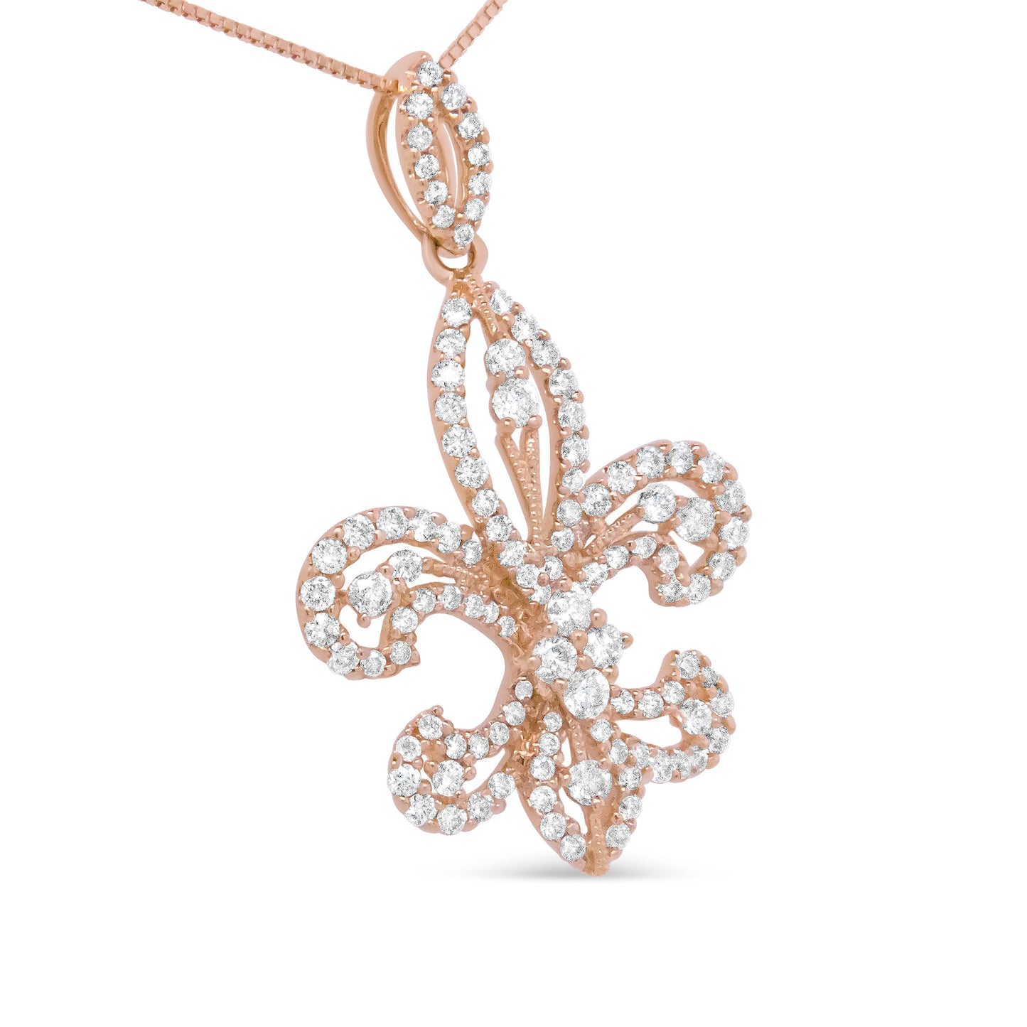 Rose gold and diamond pendant on a white background