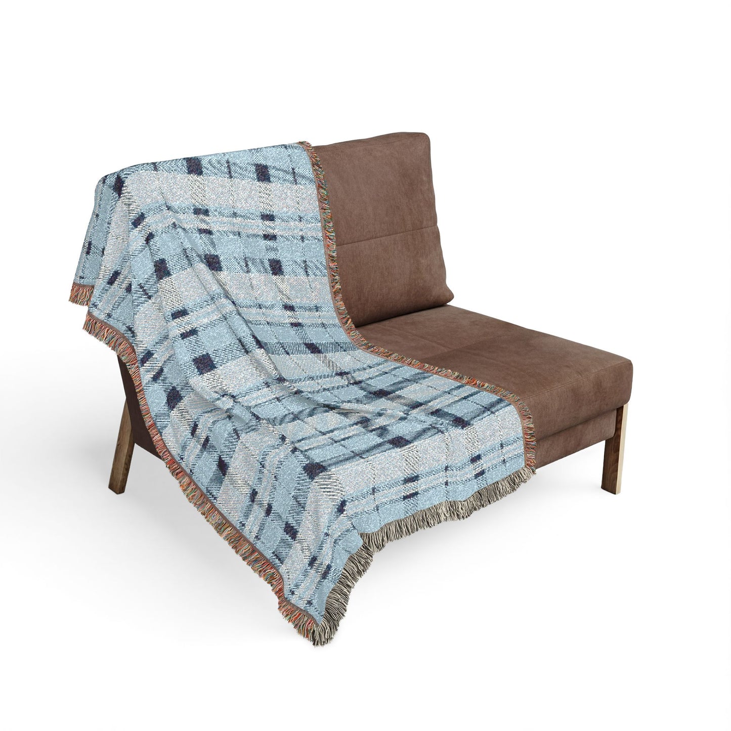 A brown upholstered lounge chair with a light blue, gray, and navy plaid throw blanket draped over it, shown on a plain white background.
