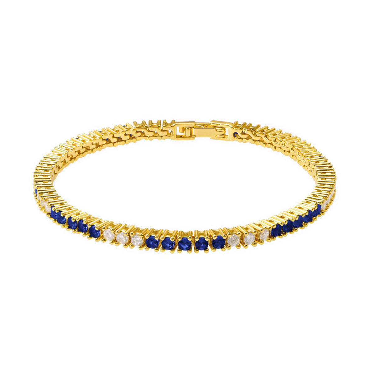 Gold Josephine Sapphire Tennis Bracelet featuring alternating round blue and white stones in a prong setting.