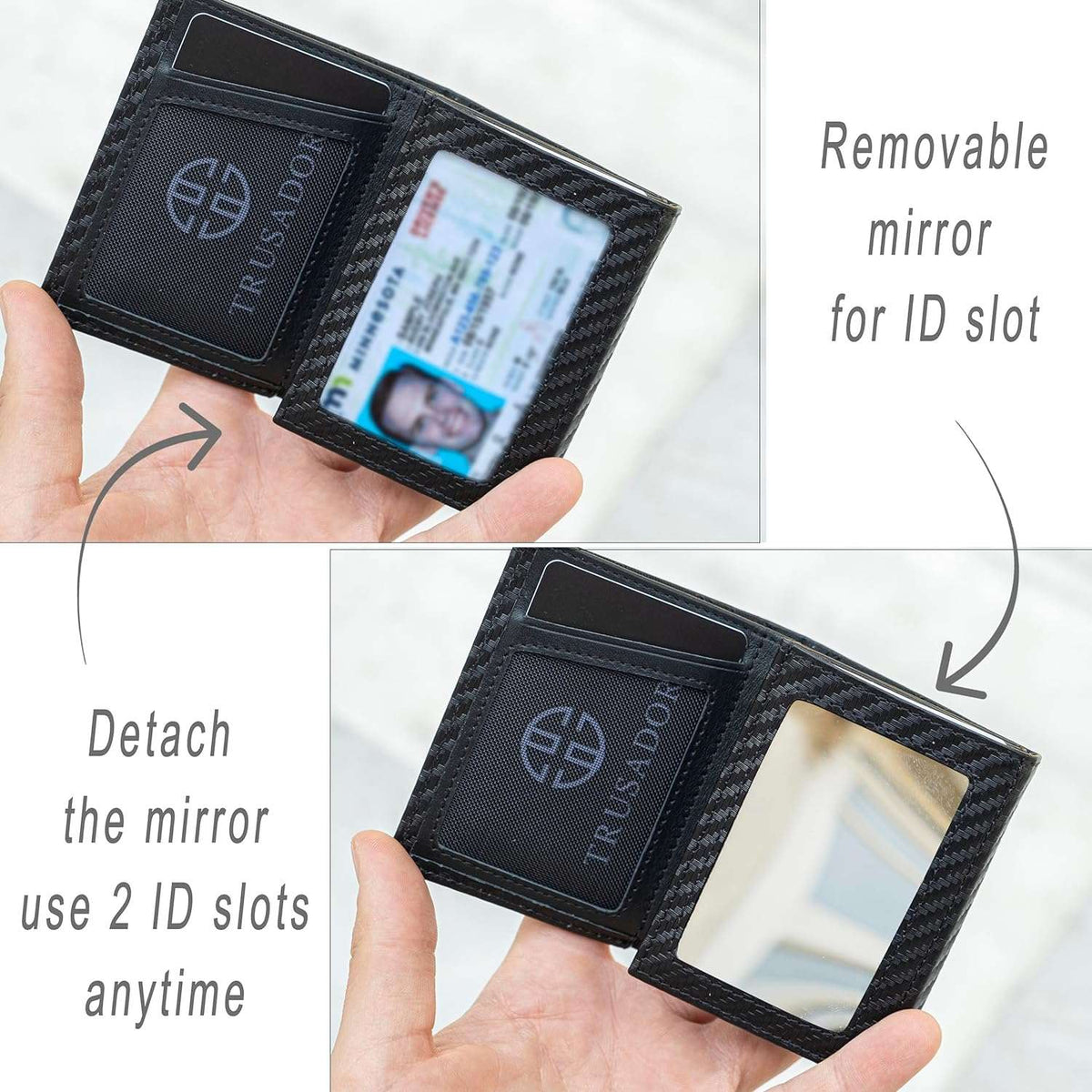 Black carbon fiber TRUSADOR wallet with a removable mirror in the ID slot and card pockets.