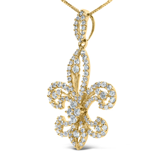 Gold and diamond fleur-de-lis pendant on a white background