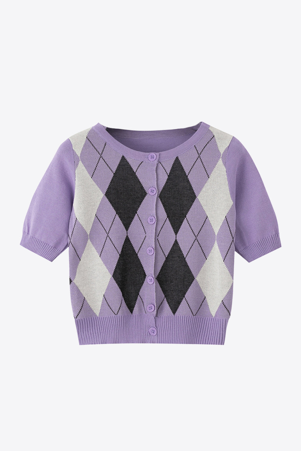 One size stretchy short sleeve cardigan in classic argyle print