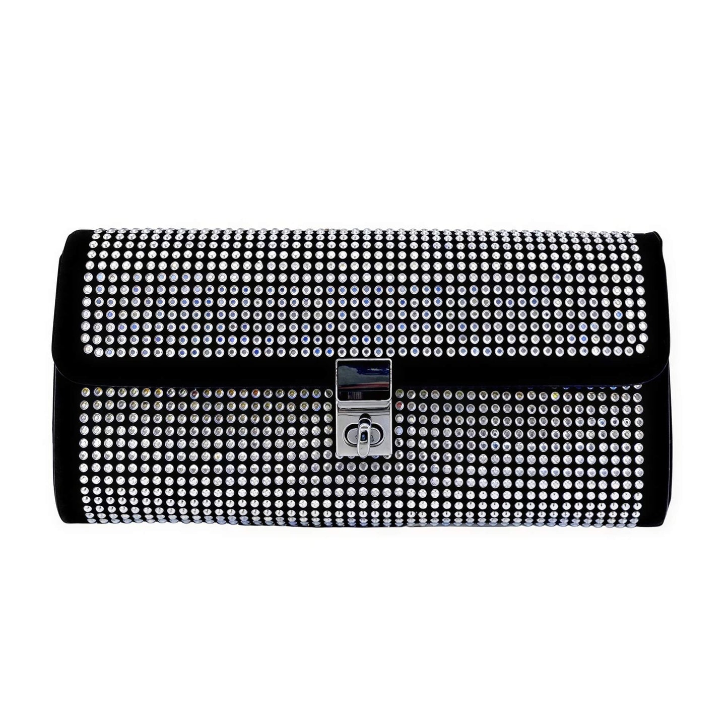Black clutch bag with silver studs on a white background