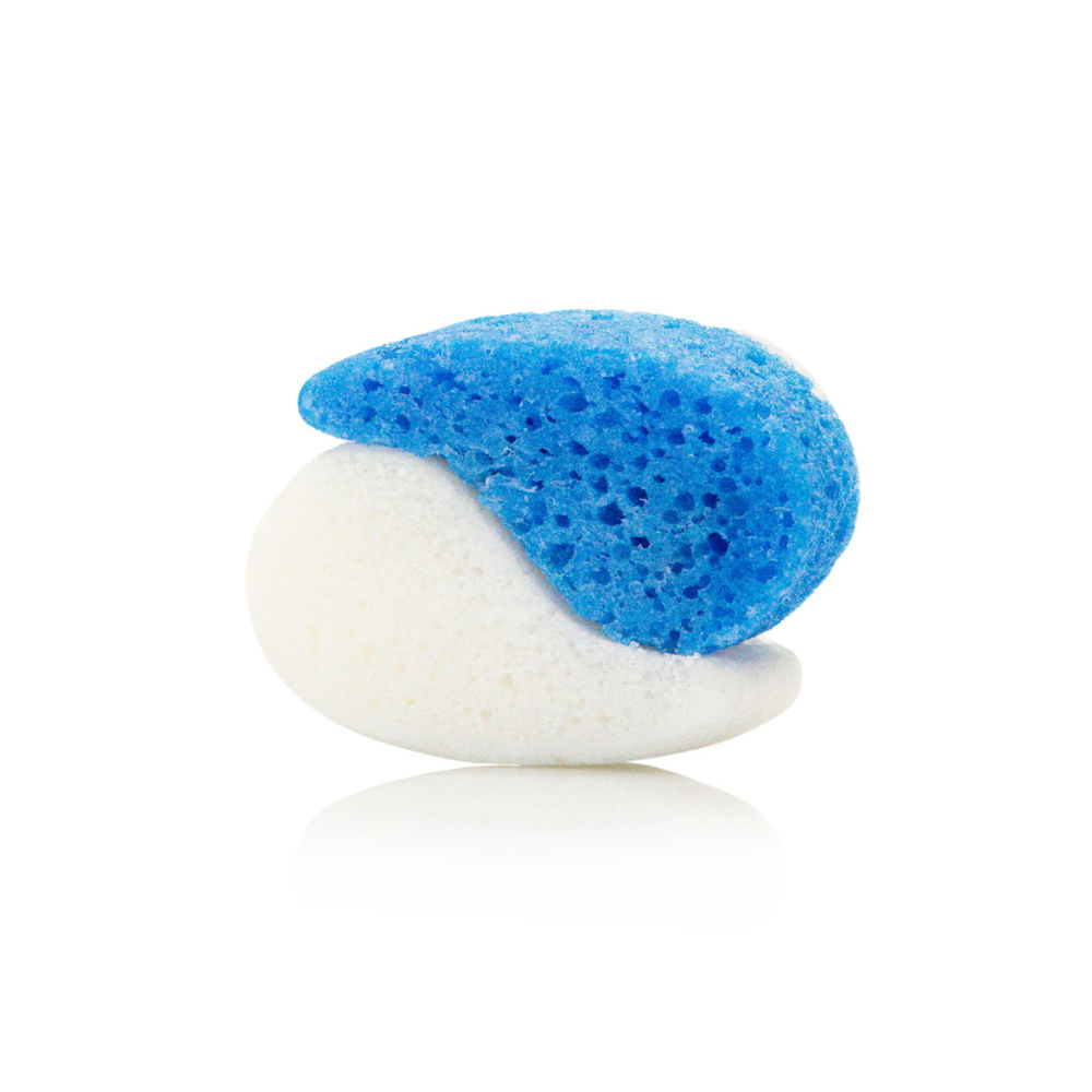 Blue and white sponge on a white background