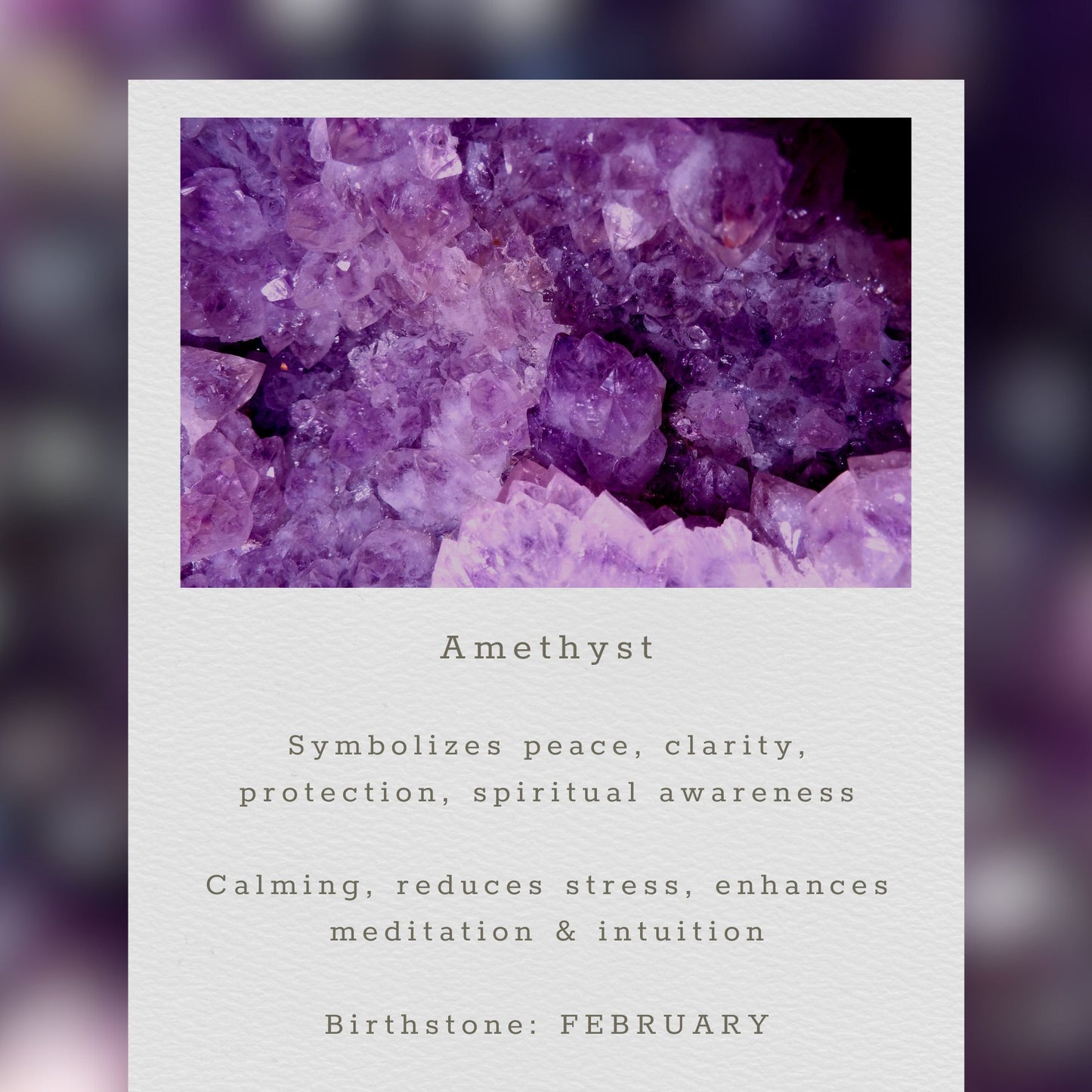 Amethyst crystal cluster with descriptive text on a blurred purple background