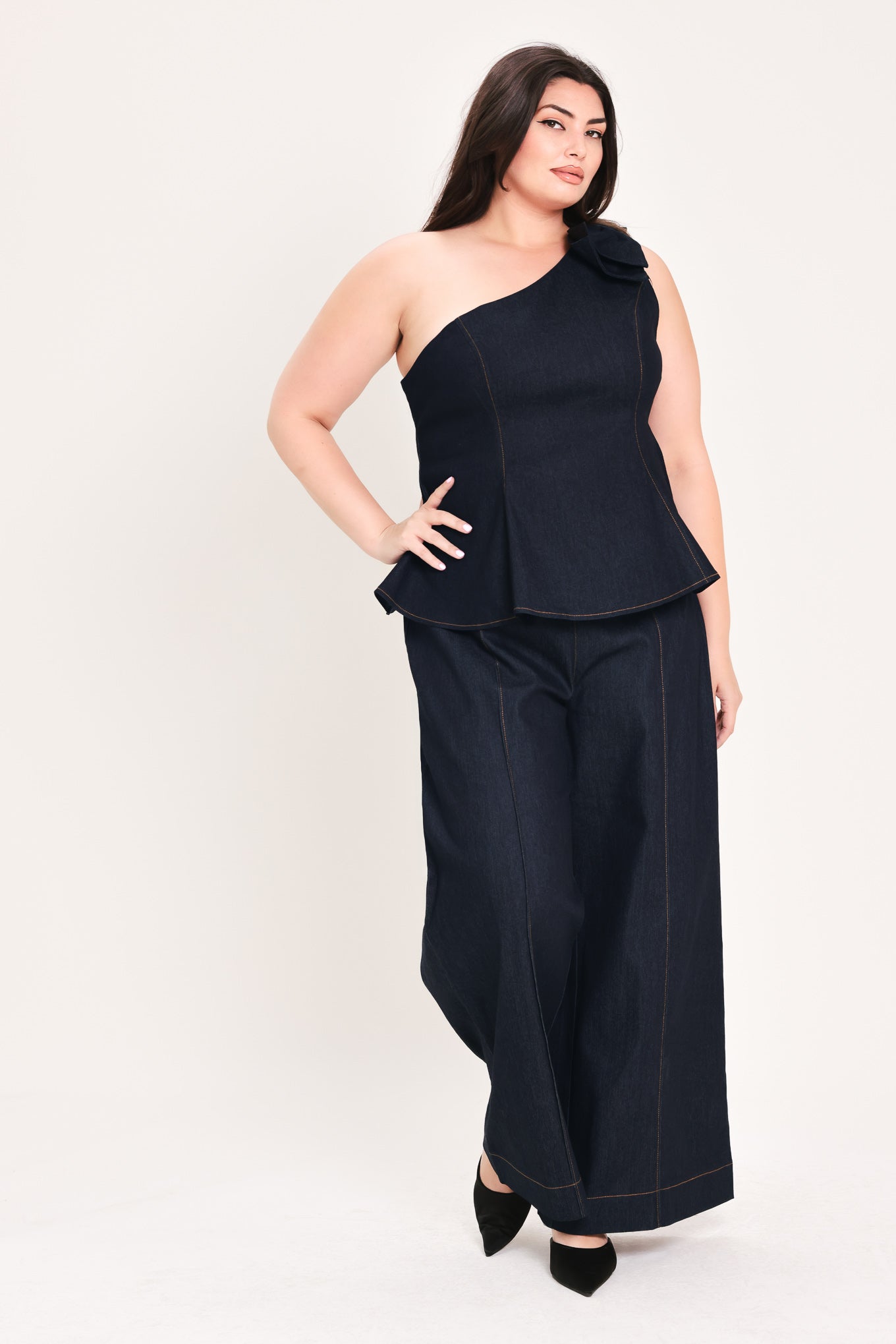 Indigo Bow One Shoulder Denim Top - Regular & Plus Size