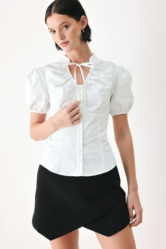 White Rose Daydream Woven Top – High Collar Puff Sleeve Blouse