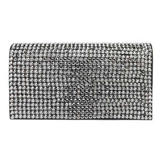 Silver clutch bag with rhinestone embellishments on a white background