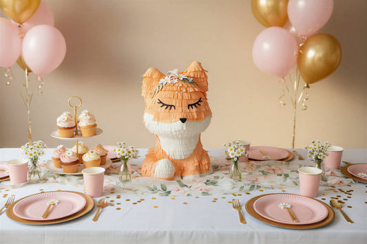 Orange and white fringed paper fox piñata with a flower crown, closed eyelashes, and a white hanging rope.