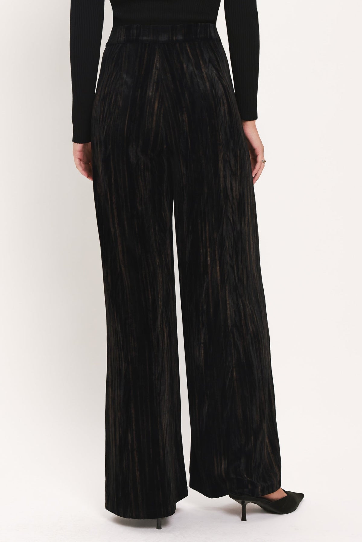 Black wide-leg pleated trousers with a high waist, shown on a model from the back against a plain white studio background.