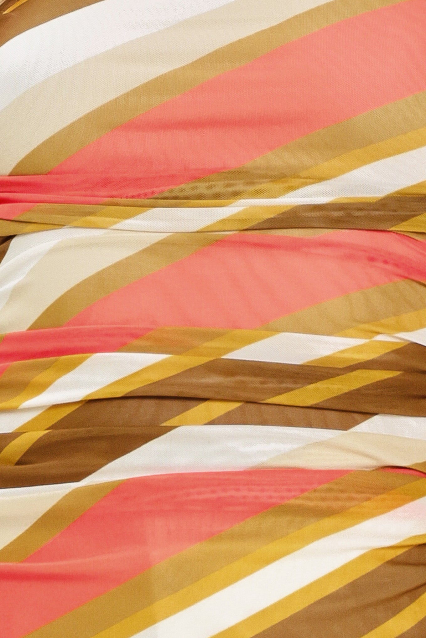 Close-up of ruched mesh fabric featuring diagonal stripes in pink, brown, tan, and white.