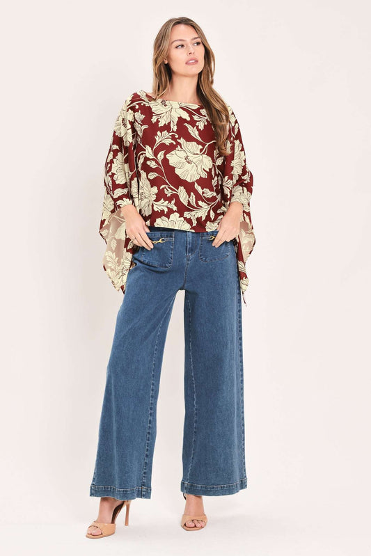 Ruby Vine Interlude Woven Top – Burgundy Floral Kaftan Sleeve Blouse