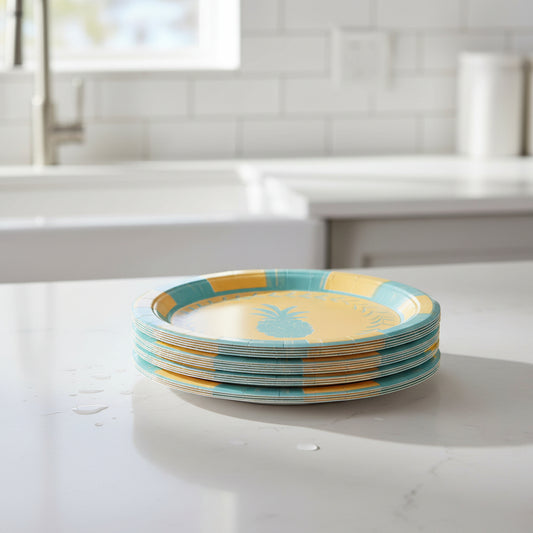 Yellow paper plate with blue rim and pineapple design on a white counter