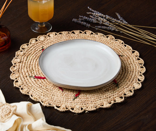 Scattered Chili Handwoven Raffia Round Placemat – Artisan Table Décor