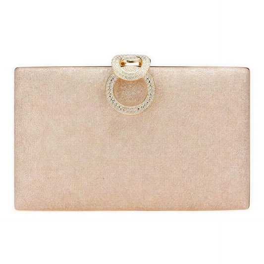 Glittery clutch bag with a decorative ring on a white background