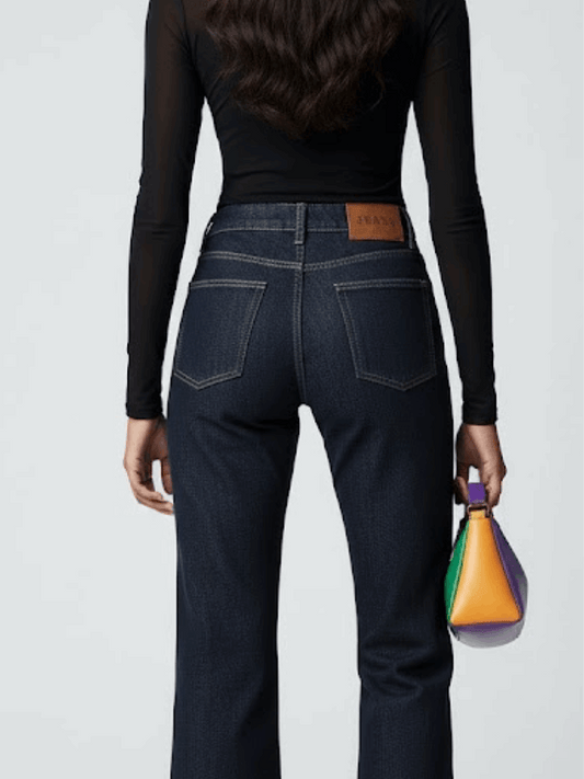 Model wearing Hudson Yards denim trousers.