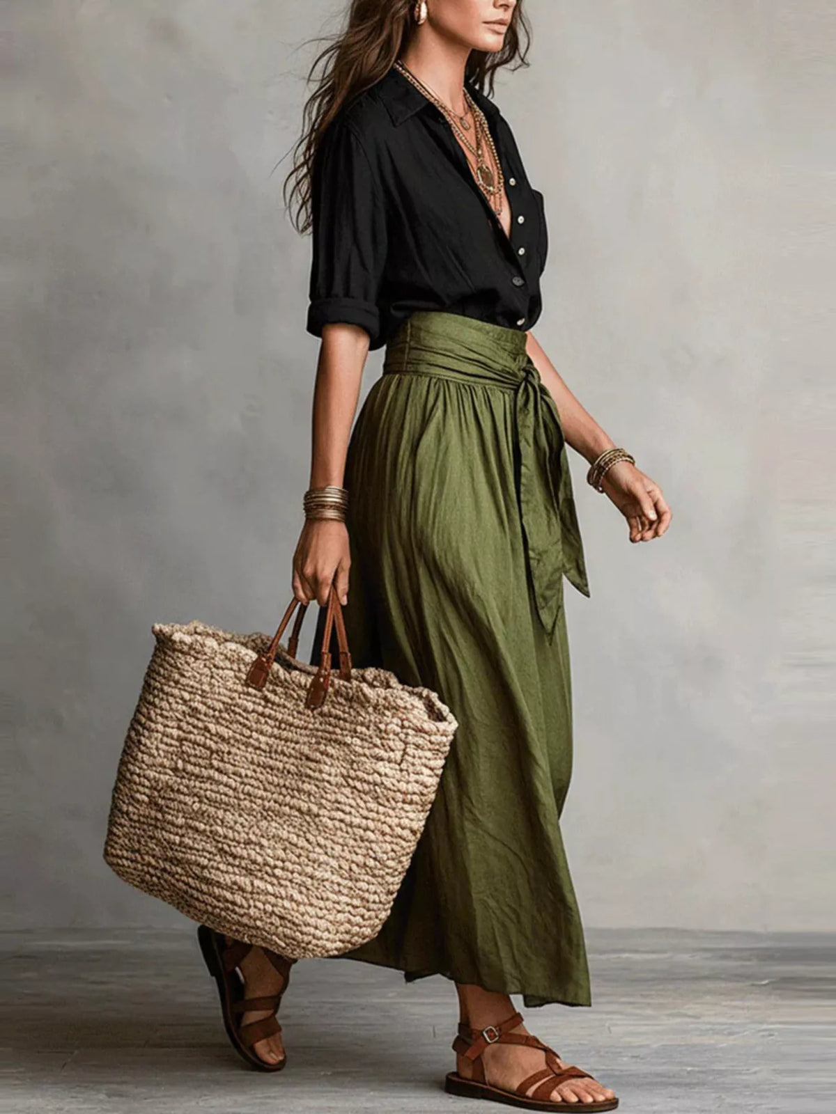 Woman wearing a black blouse and green skirt, holding a woven bag against a neutral background