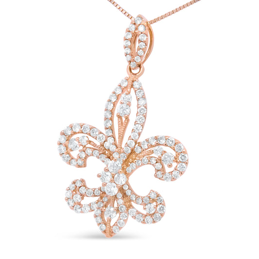Rose gold and diamond fleur-de-lis pendant on a white background