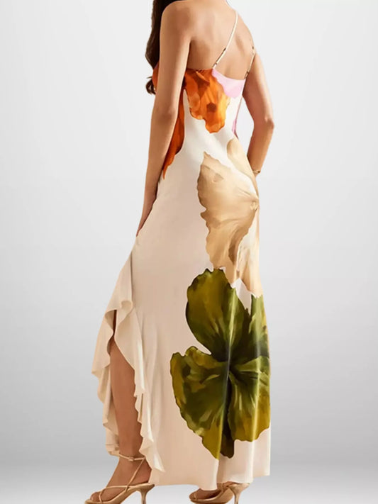 Woman wearing a floral dress with a white background