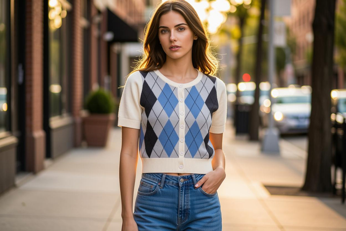 Young woman wearing a cream argyle short sleeve cardigan with ribbed trim, buttoned with high-waisted jeans
