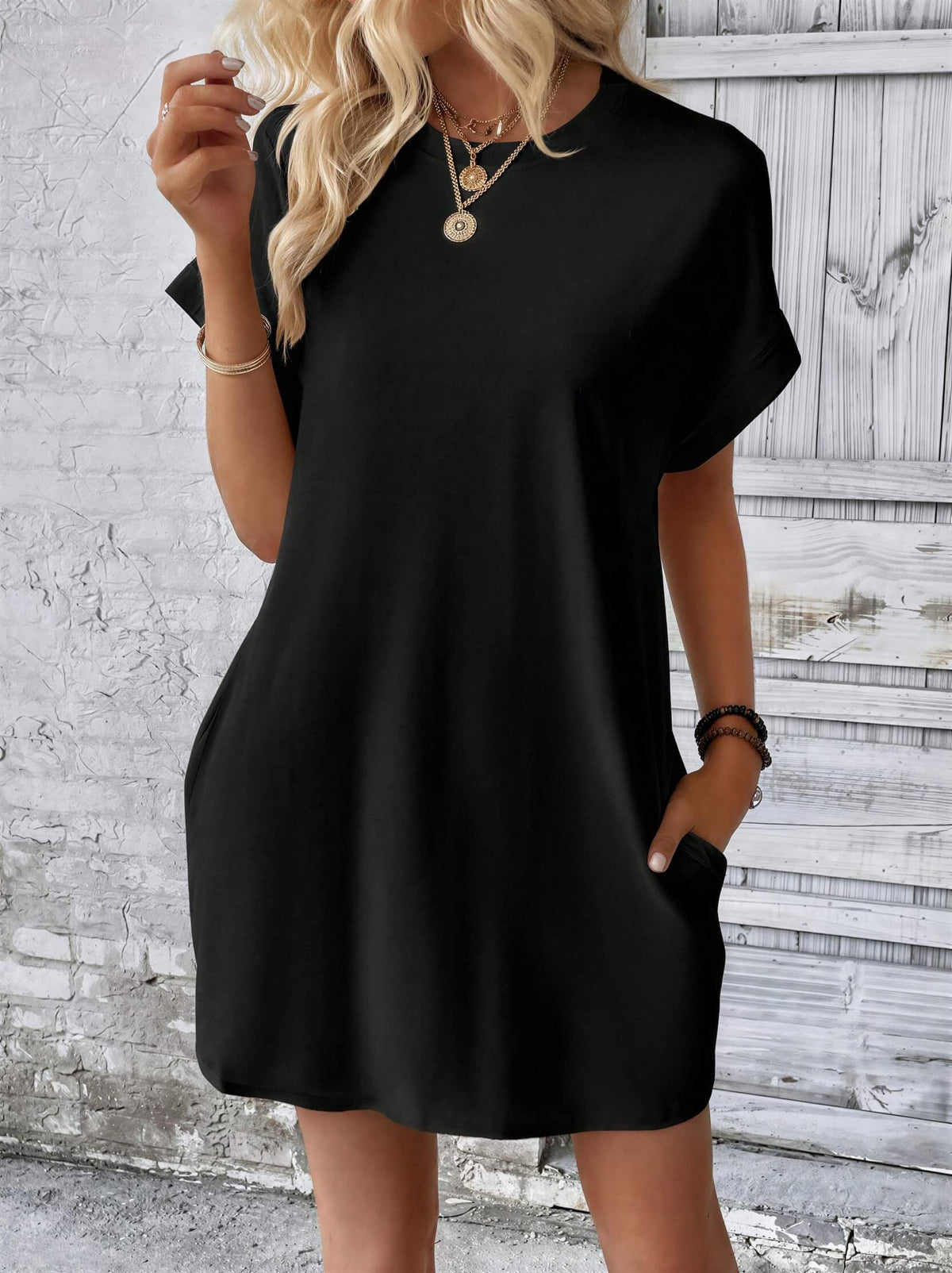 Round Neck Short Sleeve Mini Tee Dress with Pockets Purely