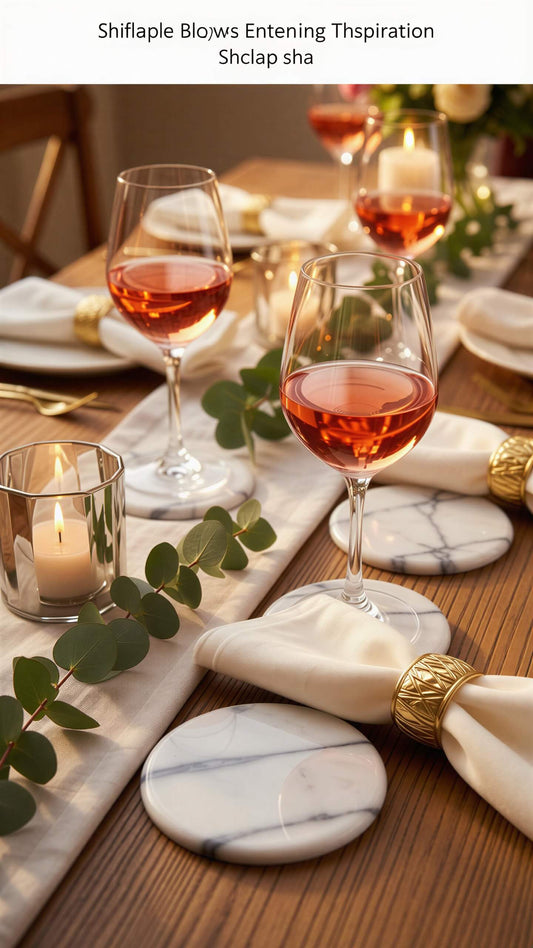 A styled dining table setting with two wine glasses filled with rosé wine, round white marble coasters, folded cream napkins with gold ring napkins, candles, and greenery on a wooden table. Text at the top reads 'Shiflape Blows Entering Thspiration Shclap sha'.