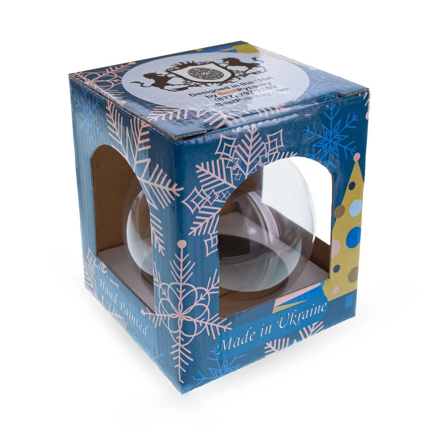 Summer in Bloom glass ball ornament, 4 inches, displayed in a decorative blue gift box with snowflake patterns.