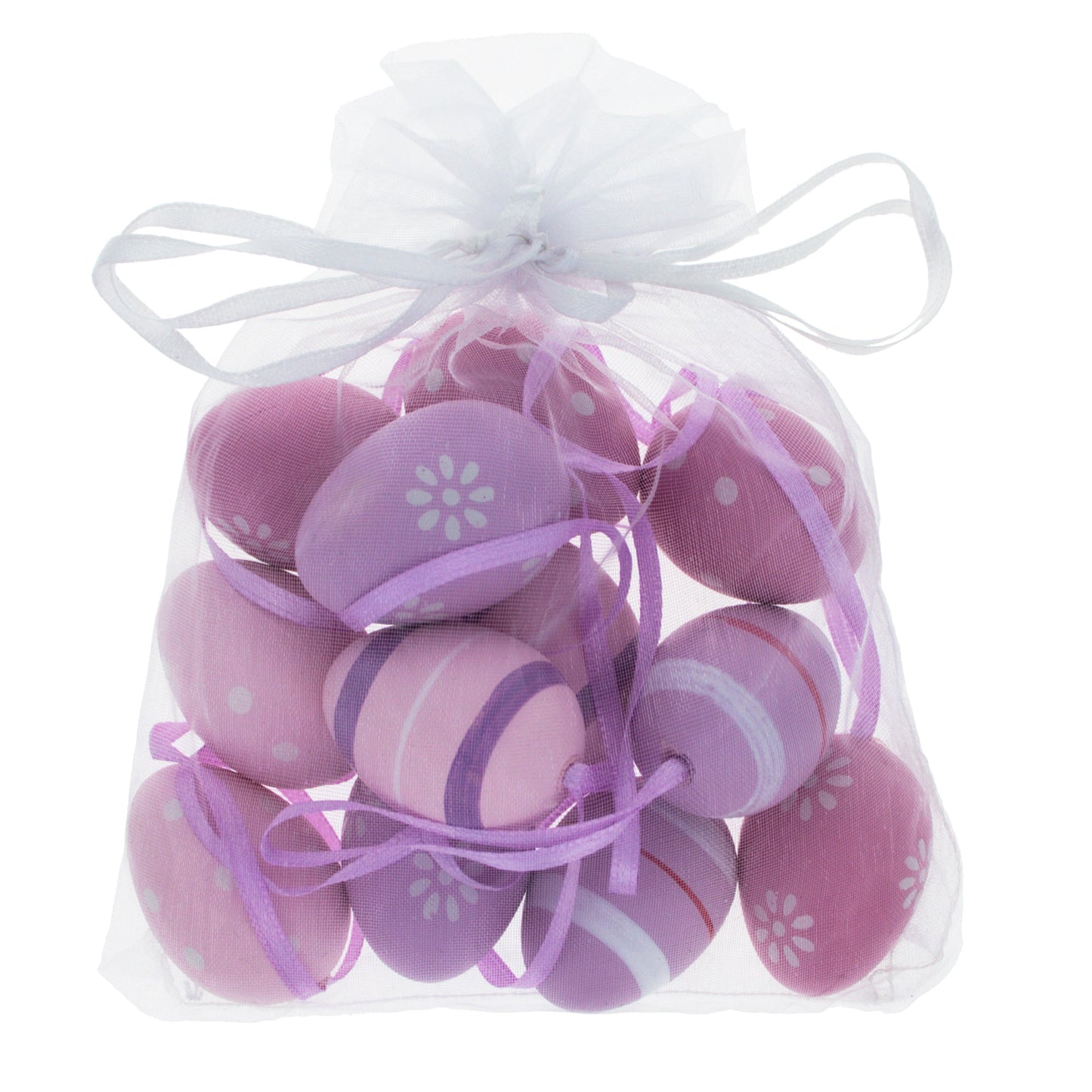Twelve purple and pink plastic egg ornaments with white patterns in a white mesh drawstring bag.